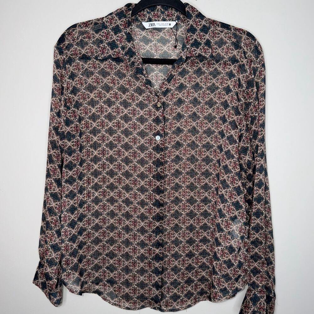 Zara Womens Size Medium Green Tan Sheer Button Up Long Sleeve Blouse